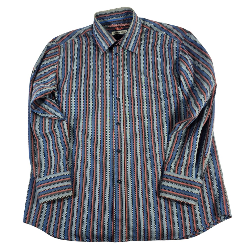 Luciano Visconti Black Mens Long Sleeve Button Down Shirt Size L Stripe Portugal